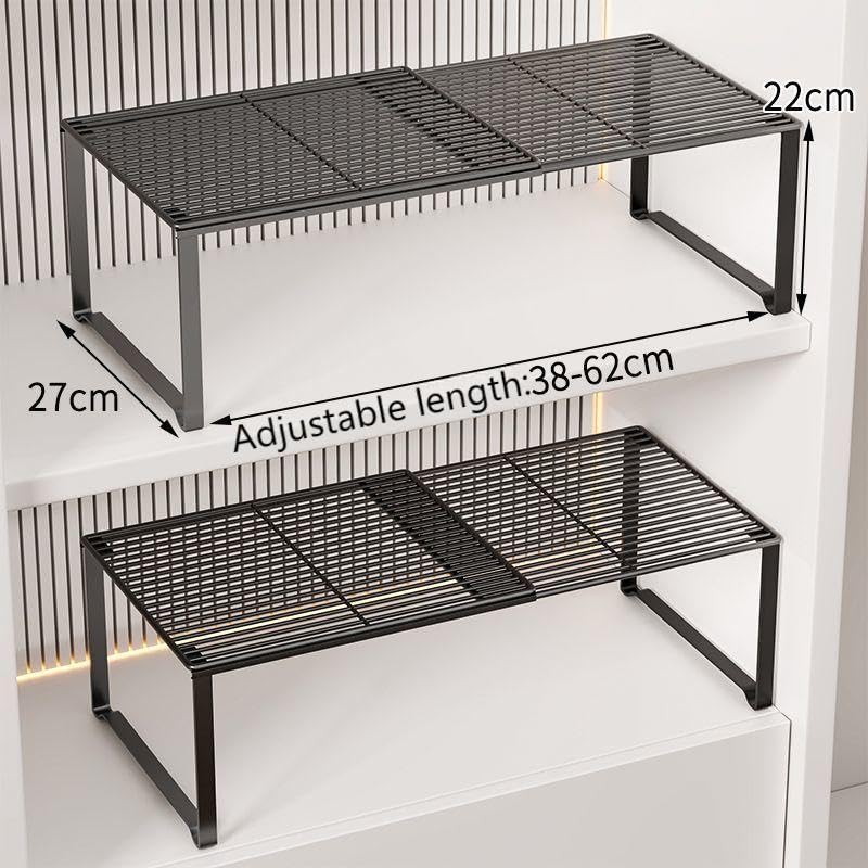 Extendable Metal Wire Shelf Organizer - Adjustable 15-24.4in Length, Stackable Storage Rack for Kitchen/Pantry/Bathroom/Shoe Cabinet/Tool Closet (1,Black) - color: Black, size: 1 Pack