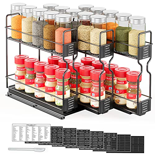 SpaceAid Pull Out Spice Rack Organizer for Cabinet, Heavy Duty Slide Out Seasoning Kitchen Organizer, Cabinet Organizer, with Labels, 7.7" W x10.75 D x10 H, 3 Drawers 2-Tier - style: Three 2"W Drawers, 2-Tier