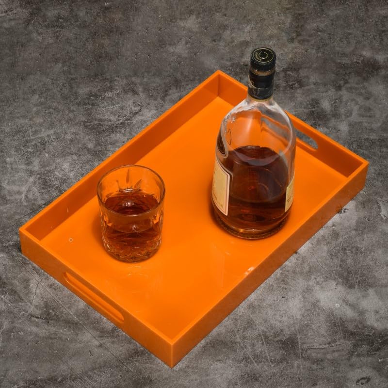 KEVLANG Orange Sturdy Acrylic Serving Tray with Handles-10x15Inch-Serving Coffee,Food,Breakfast,Butler-Kitchen Countertop Tray-Makeup Drawer Organizer-Vanity Table,Ottoman Tray-Decorative Tray - color: Glossy Orange, size: 15" x 10" x 2"
