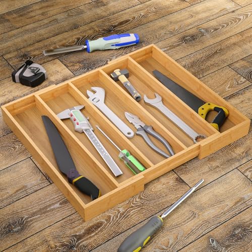 Fibogollo Expandable Kitchen Drawer Organizer,Bamboo Silverware Organizer,Adjustable Flatware Tray for Utensils(16.92 * 13.30~22.83 * 1.96)