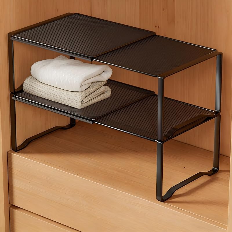 Extendable Dense Mesh Metal Shelf - 15-24.4in Adjustable Stackable Organizer for Kitchen, Bathroom, Shoe Cabinet & Tool Closet, Dust-Proof Small Item Friendly Storage Rack (2 Piece, Black) - color: Black, size: 2 Piece