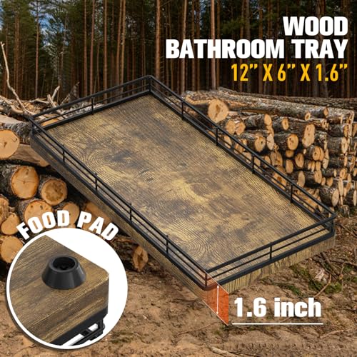Bathroom Vanity Tray for Countertop, 12" x 6" Wood Toilet Tank Tray with Metal Guardrail, Bathroom Organizer for Soap, Perfume & Skincare, Non-Slip Decorative Tray for Dresser, Black & Rustic Brown - color: Rustic Brown, size: 12" x 6" x 1.5"