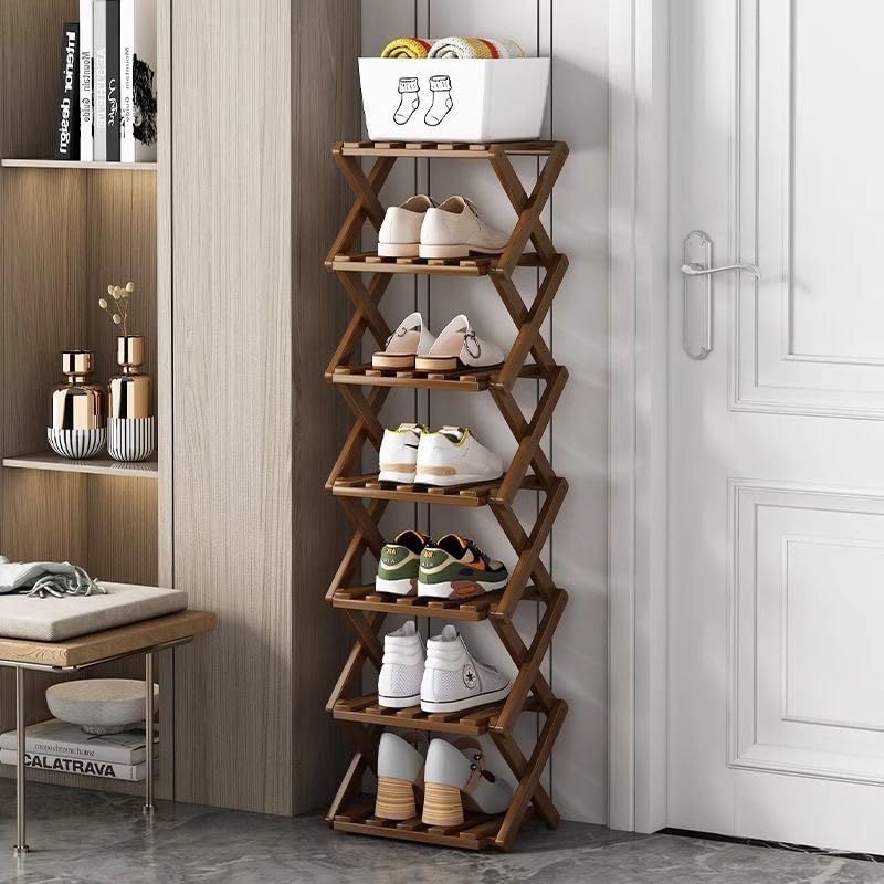 Foldable Shoe Rack, Bamboo Vertical Shoe Organizer Tall for Small Spaces. Multifunctional Narrow Shoe Shelf for Entryway, Closet, Corner, Bedroom, Hallway, Brown Color 7 Layers - color: Brown, size: 7 Layers