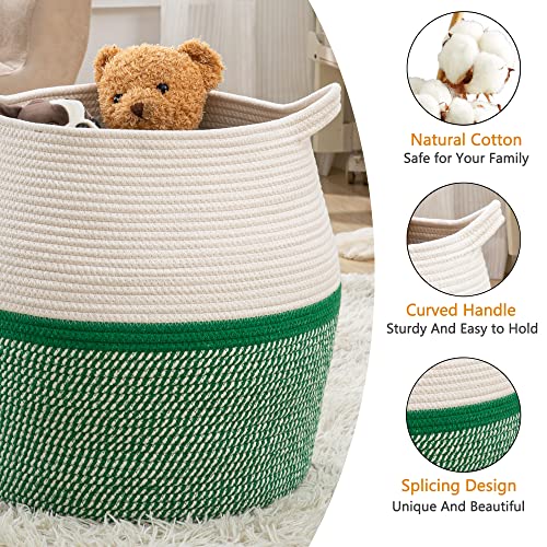 KAKAMAY Woven Baskets for Storage(17"x17"),Large Cotton Rope Woven Baby Laundry Hamper,Collapsible Laundry Basket, Blanket Basket for Organizing Living Room,Nursery,Pillows,Toy Chest(Green) - color: Green