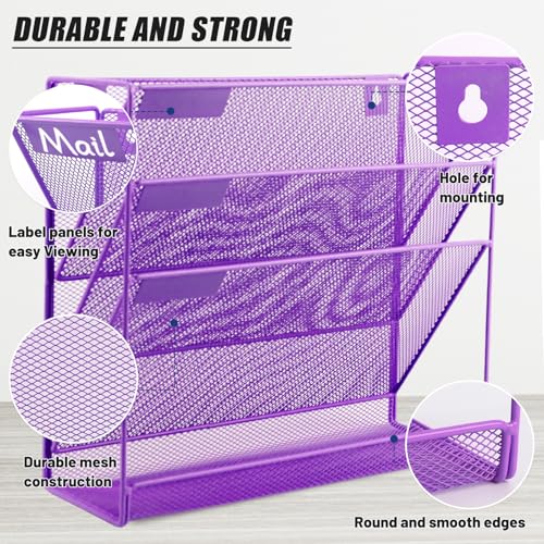EASEPRES Desk File Organizer Mesh 4-Tier, Hanging Wall Mount Document Organization Stand, Desktop Vertical Mail Paper Folder Holder Rack with Bottom Tray for Office Home Cubicle Countertop, Purple - color: Purple, size: 4 Tier