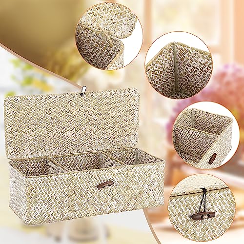 Sumnacon Small Woven Basket for Shelf Wicker Shelf Storage Basket with Sections Seagrass Storage Baskets with Lid for Tampon Toiletry Rectangular Storage Basket for Shelf Bathroom Table Desk Whitewash - color: Whitewash, size: Medium
