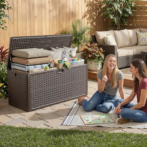 150 Gallon Deck Box, Double Layer Waterproof Resin, Lockable & UV Resistant Storage Box for Patio, Garden, Pool, Brown - color: Brown, size: 150 Gallon-Double Layer