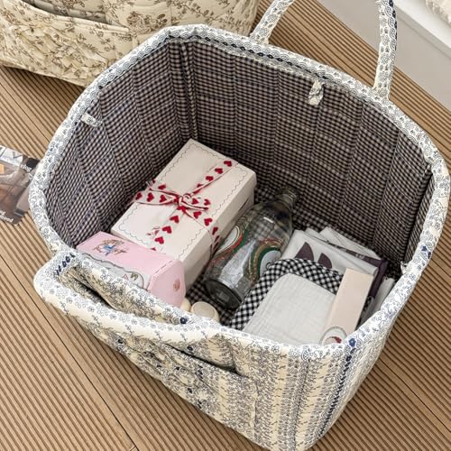 Floral Fabric Storage Basket Car Interior Storage Basket Underwear Sundries Laundry Baskets Supplies Home Organizer Bag (Lace Blue) - color: Lace Blue