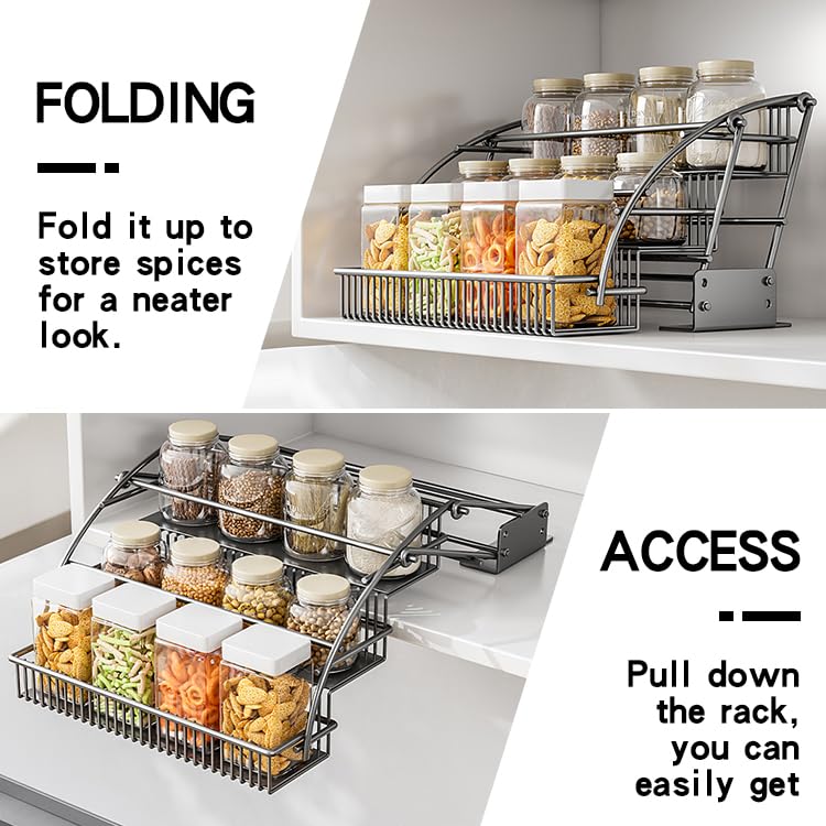 3-Tier Pull Down Spice Rack Organizer for Inside Cabinet Pantry Expandable Display Riser Shelf Kitchen Seasoning Shelf (31.5cm/12.4in) - size: 31.5 cm/12.4 in/Gun