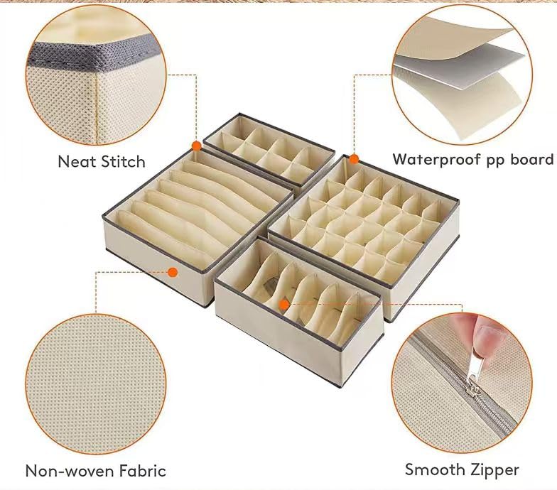 4 Piece Drawer Organiser,Collapsible Non-Woven Sorting Box,Closet Divider For Underwear,Socks,Bras,Ties (Khaki) - color: Khaki