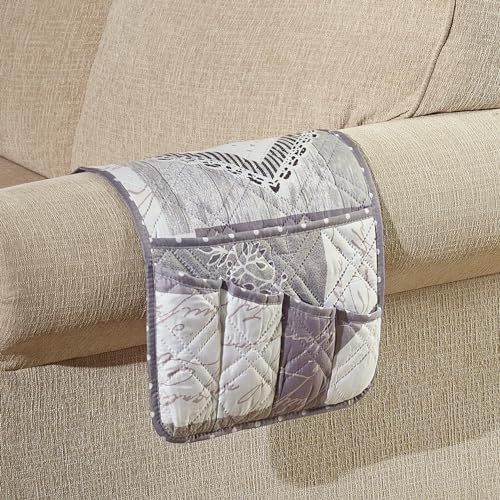 Brilliant Sunshine Grey Heart Love Patchwork Couch Armrest 5 Pockets Organizer, Slip Resistant Armchair Caddy, Washable Remote Controls Holder, Storage for Magazine, Tablet, Phone, 35×13", Grey White - color: Grey White