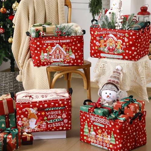 4 Pack Christmas Storage Bin Collapsible Large Christmas Gingerbread Man Storage Baskets for Gifts Canvas Laundry Basket Foldable Box with Handle for Office Home Bedroom Clothes Toys Decor - style: Gingerbread Man