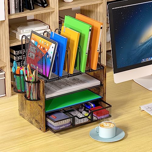 DAOUTIME 4-Tier Mesh Desk Organizer, Wooden Desk File Organizer with 5 Vertical File Holders and 2 Pen Holders, Desktop Organizers and Accessories with Drawer for Home Office - size: With Drawer