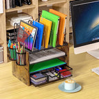 DAOUTIME 4-Tier Mesh Desk Organizer, Wooden Desk File Organizer with 5 Vertical File Holders and 2 Pen Holders, Desktop Organizers and Accessories with Drawer for Home Office - size: With Drawer
