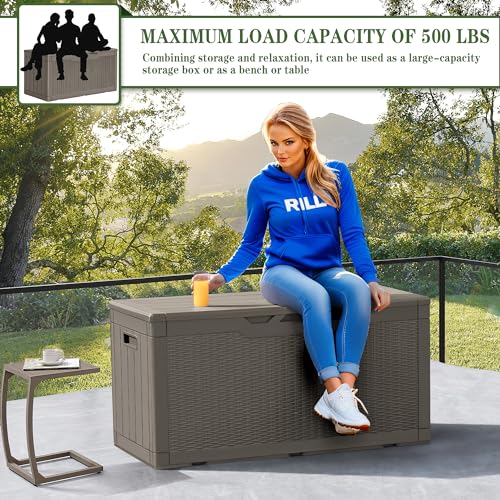 Greesum 100 Gallon Resin Deck Box Large Outdoor Storage, Imitation Rattan Weave Texture for Patio Furniture, Garden Tools, Pool Supplies, Weatherproof and UV Resistant, Lockable, Light Coffee - color: Light Coffee, size: 100 Gallon