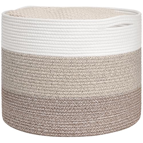 Goodpick Large Woven Basket, Blanket Basket Living Room 15.8"x15.8"x13.8", Woven Storage Bin for Baby Laundry, Light & Brown - color: White & Light Brown, size: 15.8x15.8x13.8 Inch (Pack of 1)