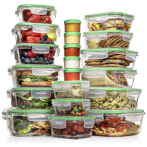 Razab 35 Pc Set Glass Food Storage Containers with Lids - Meal Prep Airtight Bento Boxes BPA-Free 100% Leak Proof (15 lids,15 glass & 5 Plastic Sauce/Dip Containers) - color: Green