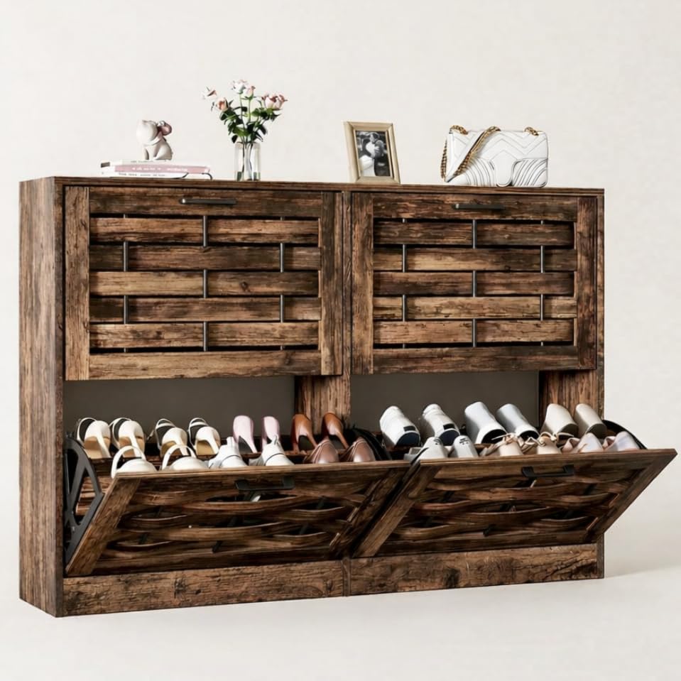 Farmhouse Shoe Cabinet Storage with 4 Flip Drawers for Entryway, Slim Shoe Rack Cabinet with Woven Design Drawers, Narrow Shoe Organizer for Hallway, Apartment, Rustic Brown - color: Rustic Brown, size: 4 Drawers