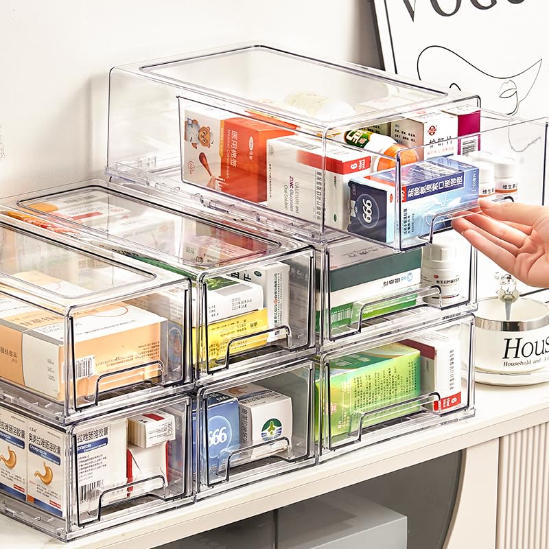 clear Drawer-Type Plastic Storage Box Bins Organizer，Family First Aid Kits Medicine cabinet Box Organizer,Closet ，Shelf，Ointments, Adhesive Bandages，Cosmetics,Office Items (clear, 6L) - size: 6L