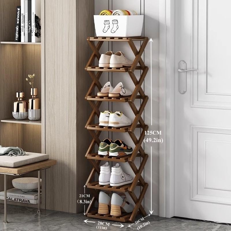 Foldable Shoe Rack, Bamboo Vertical Shoe Organizer Tall for Small Spaces. Multifunctional Narrow Shoe Shelf for Entryway, Closet, Corner, Bedroom, Hallway, Brown Color 7 Layers - color: Brown, size: 7 Layers