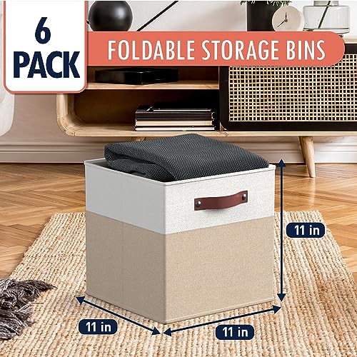 Ornavo Home 11 x 11 Storage Cube Bins, Foldable Collapsible Fabric Storage Bins Box Linen Shelf Basket Cube Organizer for Closet with Leather Handles, 6 Pack, White/Khaki - color: White/Khaki, size: Cube - 11 x 11 x 11