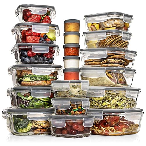 Razab 35 Pc Set Glass Food Storage Containers with Lids - Meal Prep Airtight Bento Boxes BPA-Free 100% Leak Proof (15 lids,15 glass & 5 Plastic Sauce/Dip Containers) - color: Gray