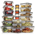 Razab 35 Pc Set Glass Food Storage Containers with Lids - Meal Prep Airtight Bento Boxes BPA-Free 100% Leak Proof (15 lids,15 glass & 5 Plastic Sauce/Dip Containers) - color: Gray