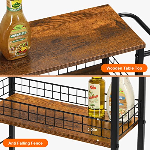 YBING Slim Storage Cart 4 Tier Narrow Kitchen Rolling Cart with Wooden Tabletop Mobile Utility Stand on Wheels for Bathroom Laundry Narrow Places Rustic Brown 16.5''L X 7.3''W X 34.6''H - color: Browm