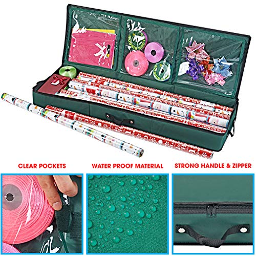 Primode Wrapping Paper Storage Container | Gift Wrap Organizer Under Bed | 41”x14”x6” | Box Holder for 18-24 Rolls Up to 40” | 600D Oxford Material | Pockets for Ribbon, Bows, and Accessories (Green) - color: Green