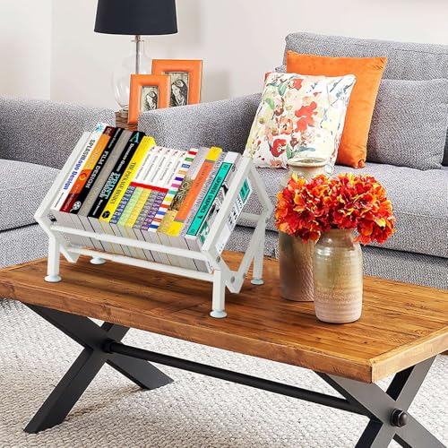 ENCIMART Tabletop Bookshelf Organizer, Adjustable Desk Shelf for Top of Desk in Living Room, Home, Office, Stainless Steel Tilting Bookcase Desktop Storage Book Rack for Magazine/CDs/Books Display - color: White-1