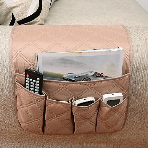 Waterproof Armrest Covers Sofa Arm Organizer with 5 Pockets for Tablet Magazines TV Remote Holder, Non-slip Recliner Couch Armchair Slipcover Furniture Sofa Arm Protector Storage Caddy Pouch - color: Beige