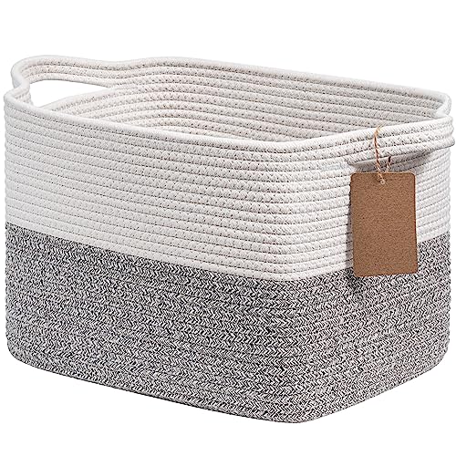 Goodpick Woven Storage Basket, Small Laundry Basket for Clothes, Towels and Shoes, Rope Square Gift Organizer with Handles, Gray and White, 13 x 10 x 9 Inches - color: Light Grey, size: 13"L x 10"W x 9"H
