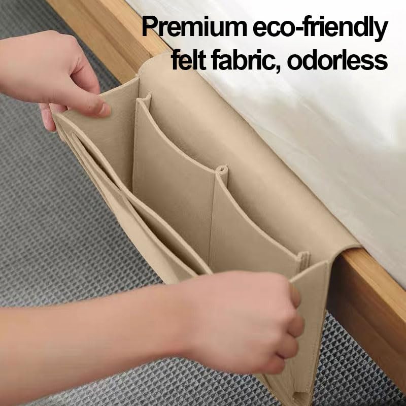 Bedside Storage Organizer with Pockets, Bedside Caddy, Table Cabinet Storage Organizer for TV Remote Control, Phones, Magazines, Tablets, Accessories, Living Room Office Chair Stowage Solution, Beige