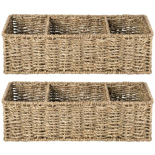 StorageWorks Wicker Toilet Basket Tank Topper, Toilet Paper Basket for Back of Toilet Tank Top, 3-Section Seagrass Storage Baskets for Shelves, 2-Pack - color: Natural (Seagrass), size: 14¼"L x 6"W x 4¼"H