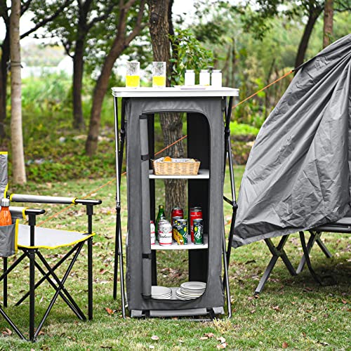 Giantex Folding Camping Storage Cabinet with 3 Shelves and Carry Bag, Portable Outdoor Organizer Kitchen Table, Quick Set-up for BBQ, Picnic, Backyard, Compact Pop-Up Cupboard, 47''H - size: 47''H
