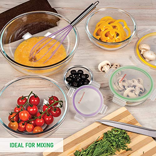 Set of 5 Stackable Space-Saving Nesting Glass Bowls with BPA Free Lids for Foodprep, Storage, Baking, Mixing & Cooking, Microwave Safe - Durable Inert Borosilicate Glass - color: 5 Mixing Bowls with PP Lids