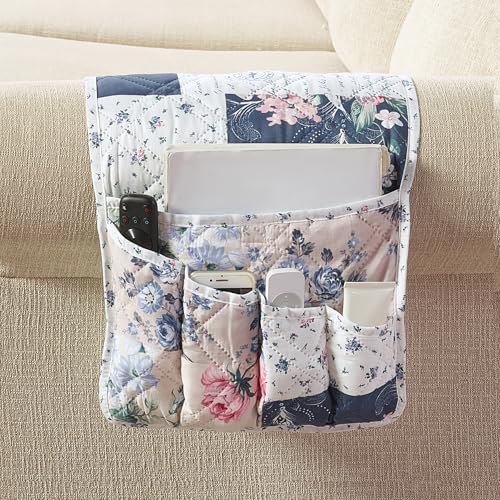 Brilliant Sunshine Roses in Beige Couch Sofa Armrest 5 Pockets Organizer, Slip Resistant Recliner Armchair Caddy, Washable Remote Controls Holder, Storage for Magazine, Phone, 35×13", Vintage Indigo - color: Vintage Indigo