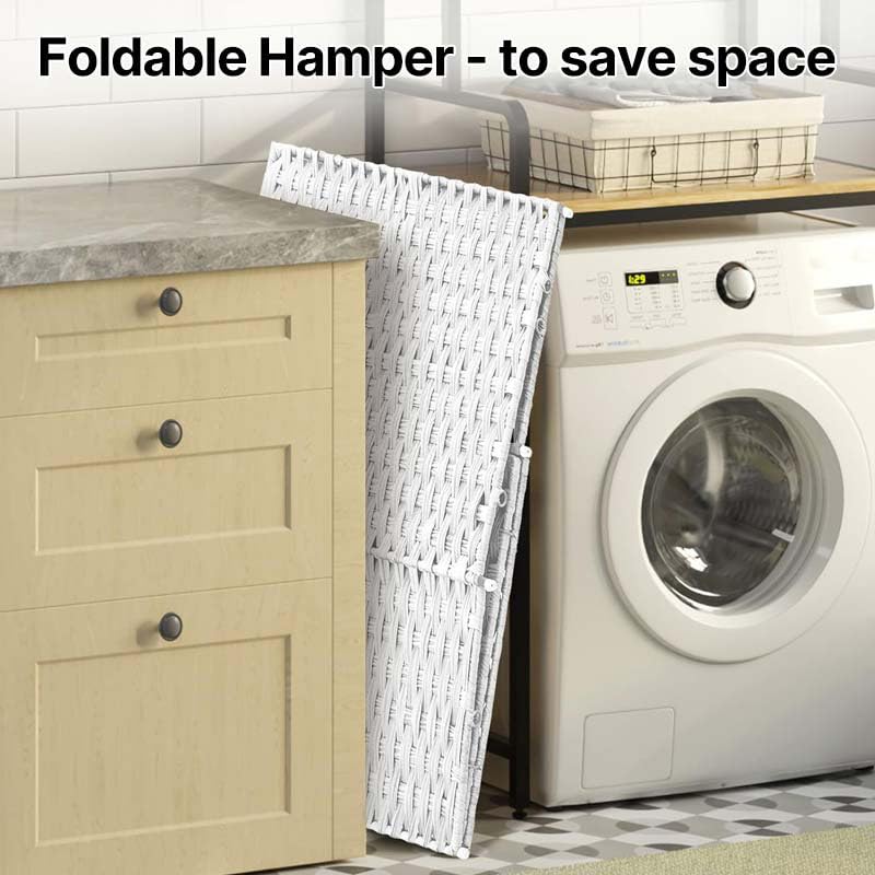 Greenstell Laundry Hamper with 2 Removable Liner Bags，90L Divided Clothes Hamper, Handwoven Synthetic Rattan Foldable Laundry Basket with Lid and Handles White (18.5 x 13.3 x 24.0Inches) - color: White, size: 90L (18.3x13.3x24.0 Inches)