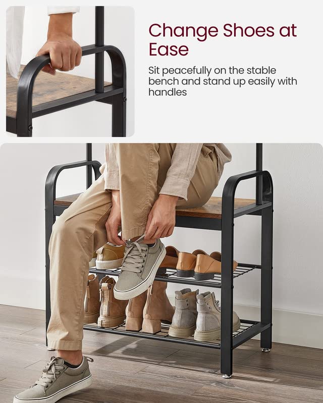 VASAGLE Coat Rack, Hall Tree with Shoe Bench for Entryway, Entryway Bench with Coat Rack, 4-in-1, with 9 Removable Hooks, a Hanging Rod, 13.3 x 28.3 x 72.1 Inches, Rustic Brown and Black UHSR40B - color: Rustic Brown + Black, size: 28.3"W