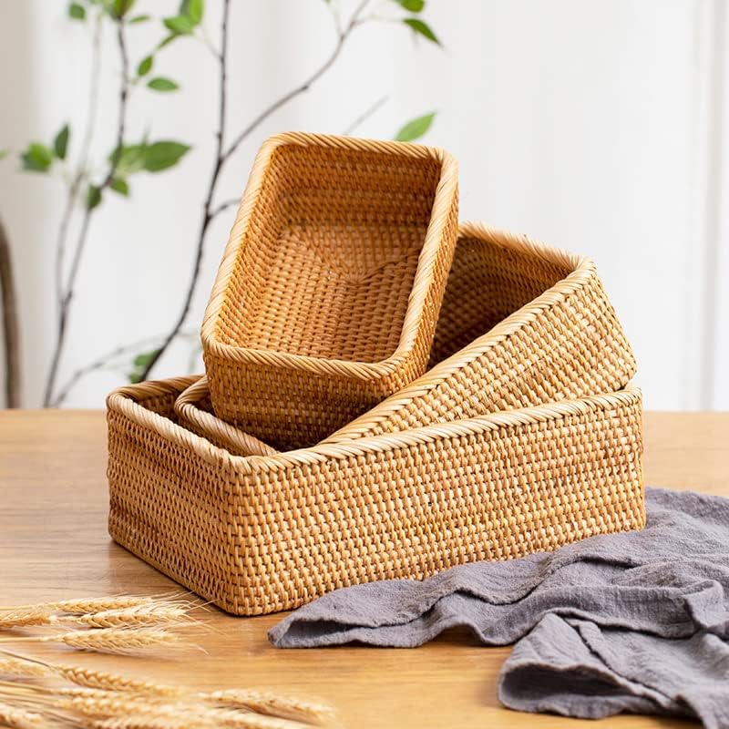 Natural Rattan Storage Baskets, Rectangular Woven Fruit Baskets, Decorative Wicker Basket and Small Baskets for Organizing (Set of 3)