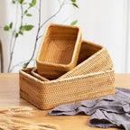 Natural Rattan Storage Baskets, Rectangular Woven Fruit Baskets, Decorative Wicker Basket and Small Baskets for Organizing (Set of 3)
