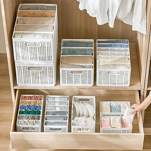 Foldable Closet Organizer with Adjustable Dividers, 7-Grid Wardrobe Storage Bin for Jeans, Sweaters, Pants & Clothes, Mesh Drawer Organizer with Handles (L 7 Grids: 6 Baffles) - size: Large 7 Grids: 6 Baffles