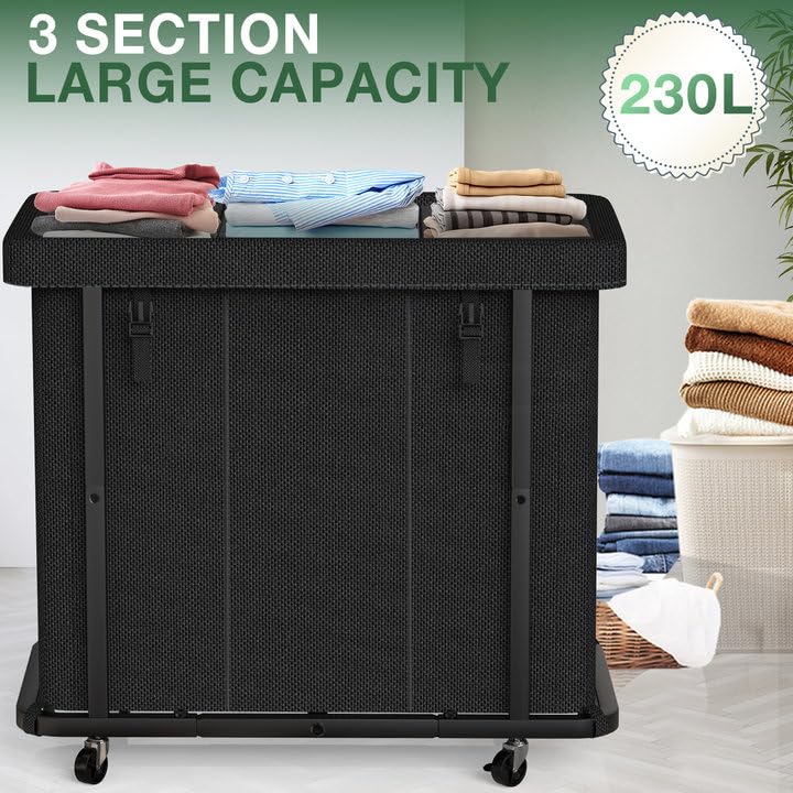 60 Gal(230L) High Grade Large Laundry Basket with Wheels, Rolling Laundry Hamper, Laundry Cart with Metal Frame and Removable Bag Design, Suitable for Laundry Room, Bedroom (Black, 3 Section 230L) - color: Black, size: 3 Section 230L