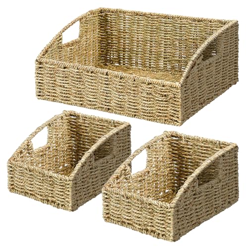 Ollieroo Rattan Storage Baskets, Handwoven Wicker Storage Bins with Built-in Handles, Storage Container Baskets for Shelves, Bedroom, Bathroom, Laundry Room or Kitchen(Green) - color: Green
