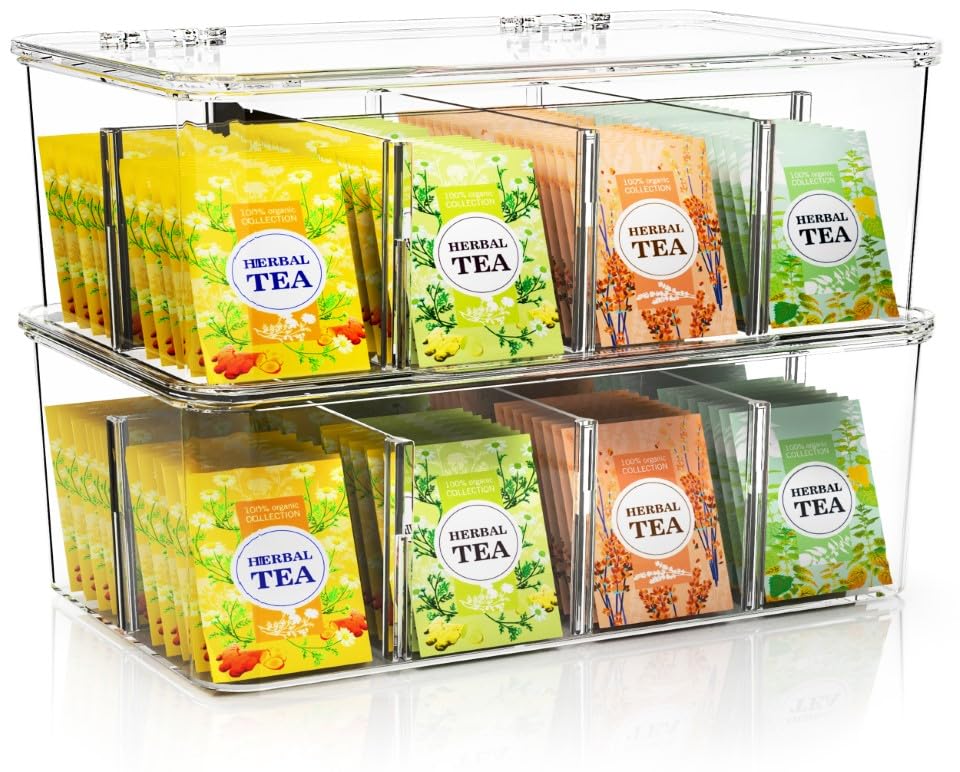 Utopia Home - Tea Bag Organizer With Lids, (2 Pack) Clear Pantry Storage Box - Stackable Partition Organizers or Holder With Lids For Drawers, Countertops, Fridge, Kitchen, Snack & Spice Organization - size: Pack of 2