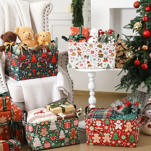4 Pack Christmas Storage Bin Collapsible Large Christmas Storage Baskets for Gifts Xmas Tree Canvas Laundry Basket Foldable Box with Handle for Office Home Bedroom Clothes Toys Holiday Decor - style: Retro