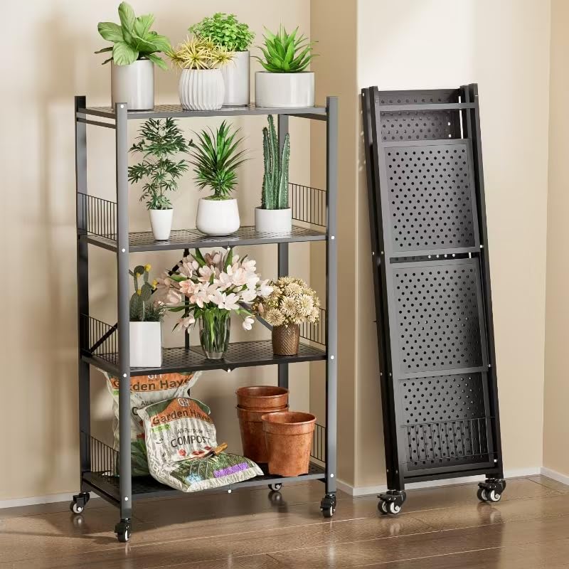 Folding Storage Shelves, 4-Tier Metal Foldable Shelf Shelving Rack Organizer On Rolling Wheels in Kitchen Warehouse Patio Pantry Garage Collapsible Shelves No Assembly (Black, 4-Layer) - color: Black/4-tier