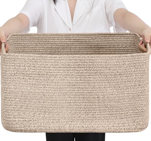 Optish 75L Large Blanket Basket, Woven Storage Baskets with Reinforced Handles, Rope Laundry Basket for Living Room, Bedroom, Nursery, Toys, Clothes,Pillows, 22” x 17” x 11.5”, Brown - color: Brown, size: 22" x 17" x 11.5"(75L)