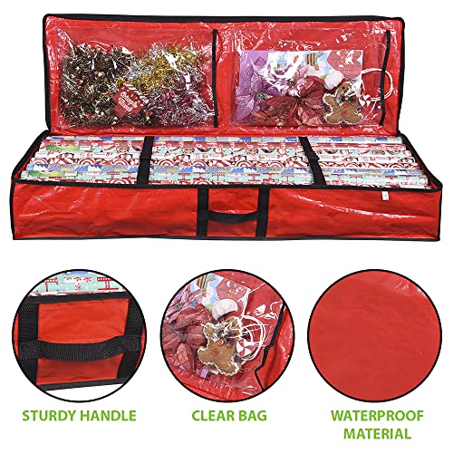 ProPik Wrapping Paper Storage Containers | Gift Wrap Organizer Under Bed 41”x14”x6” Fits 18-24 Rolls Fit Up to 40” Long Roll Wrap Storage Box Holder with Pockets for Ribbon Bows & Accessories (Red) - color: Red