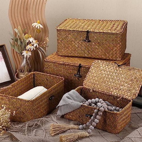 Woanger Set of 4 Wicker Storage Baskets Organizer，Handwoven Storage Bins with Lid for Organizing, Home Utility Box for Home Office Supplies Multipurpose Container(Orange) - color: Orange